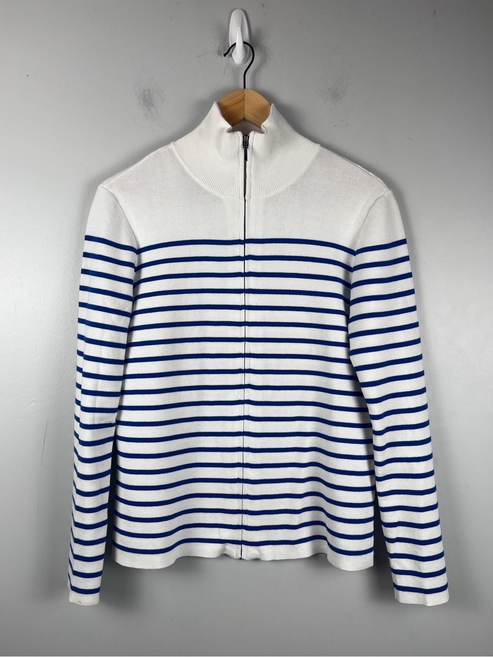 Pura cashmere 100% Supima cotton blue white stripe full zip jacket collar size M